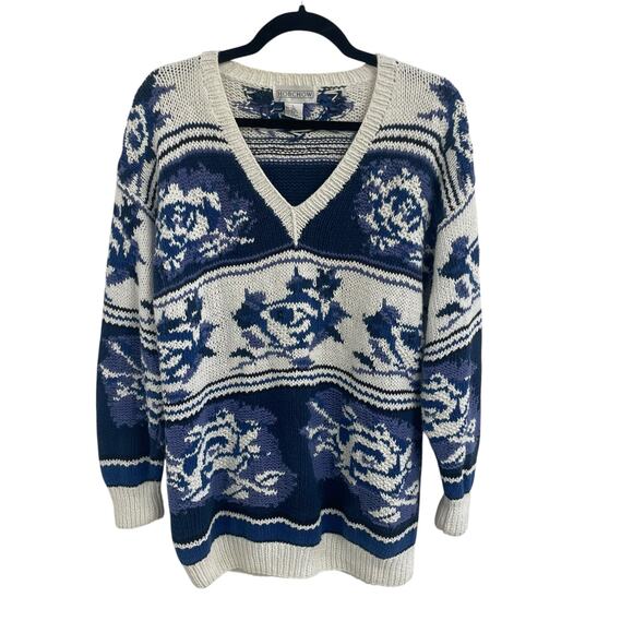Vintage Horchow Cream Navy Blue Floral Knit V Neck Sweater Womens Large AS IS - Picture 1 of 8